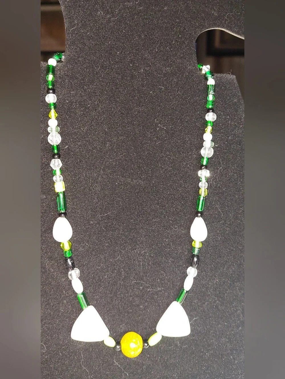 Handmade Green and White Glass Beaded Necklace with Yellow Accent 16 Inch Choker